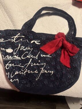 Rare 2002 Juicy Couture Navy Canvas Tote with Red Bow Accent and Bird Print